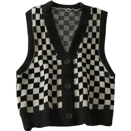 New style outer wear sleeveless knitted waist plaid three-button cardigan V-neck sleeveless all-match sweater vest women