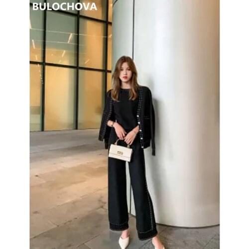 2021 New Autumn Womens Wide Leg Pants Suits Fashion V Neck Single-Breasted Knit Coat + T Shirt Tops + Full Length 3 Pieces Sets