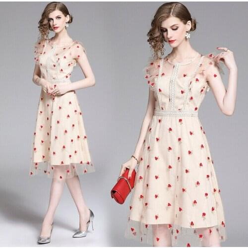 2020 Summer womens fashion temperament gauze embroidery ruffles A-line Dress