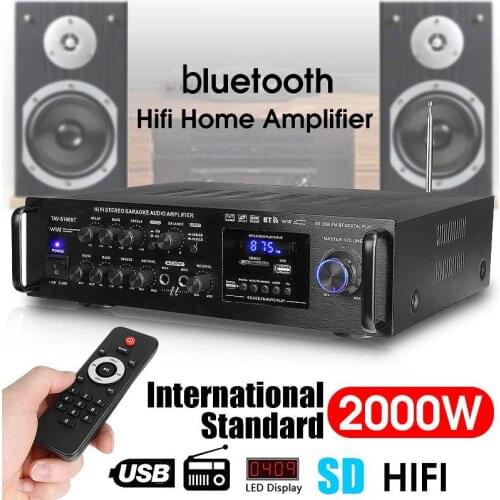 220-240V 2000W Wireless Digital Audio Amplifier 4ohm bluetooth Stereo Karaoke Amplifier 2 MIC Input FM RC Home Theater Amplifier