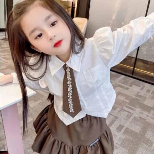 Cultiseed Baby Cute Diamond Tie White Long Sleeve Shirts+Pleated Dress 2pc Sets Clothing Children Kids School Dance Party Gowns