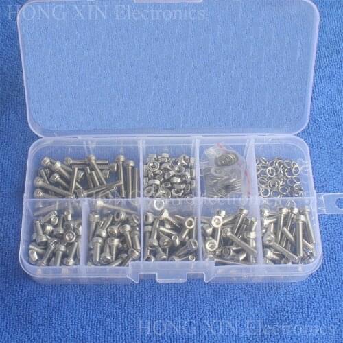 300pcs/set M3 Cap Head 304 Stainless Steel Hex Socket Screws Bolt With Hex Nuts Assortment Kit Repair Tool box Fastener screw