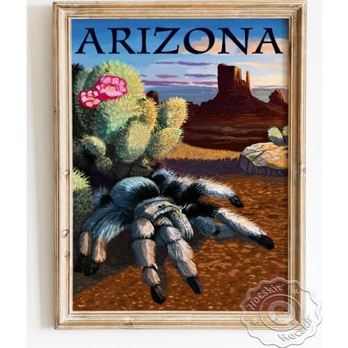 America Arizona Travel Advertising Poster, Blond Tarantula Cactus Sandstone Canvas Painting, City Landform Landscape Wall Decor