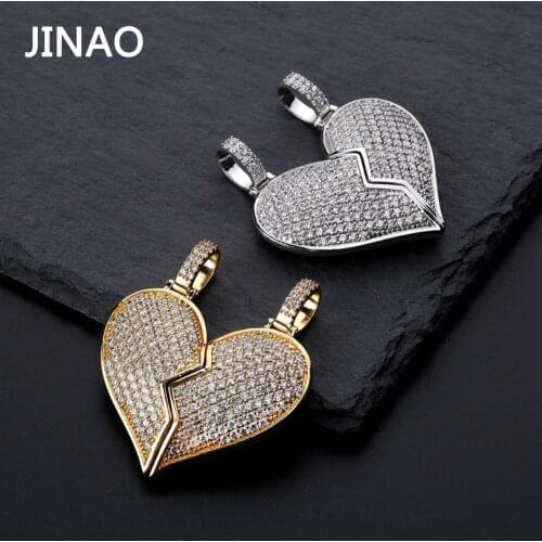 JINAO Fashion Broken Heart Iced Out Chain Pendant Necklace Statement Gold Color Cubic Zircon Necklace Hip Hop Mens Jewelry Gift