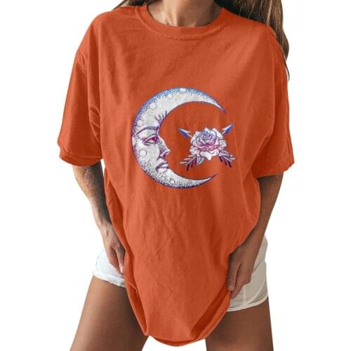 Womens Oversized Casual And Comfortable Retro T-shirt With Moon And Sun Print Summer Blouse Retro Style Print Short Sleeves