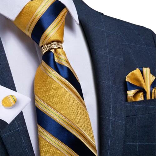 DiBanGu Mens Necktie Yellow Blue Striped Silk Wedding Tie For Men Necktie Ring Hanky Cufflinks Set Business Party New Designer