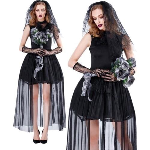 Gothic Dead Zombie Vampire Corpse Ghost Bride Black Lace Dress Women Halloween Cosplay Costume Nightmare Scary Fancy Outfit