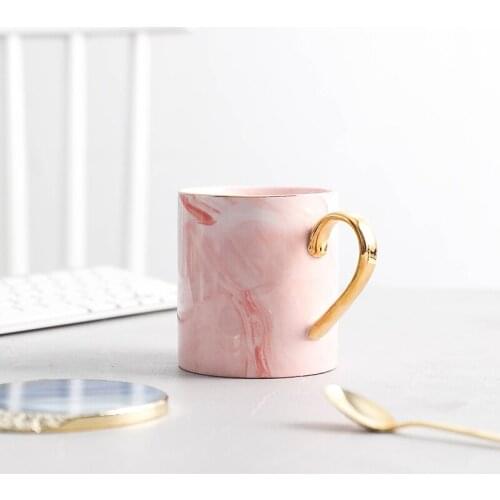 Nordic Marble Coffee Mug with Glod Handle Ceramic Milk Tea Water Cup Pink Gray Gift for Girl 400ml