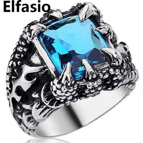 Dragon Claw Blue Ziron Stone Band Mens Boys 316L Stainless Steel Biker Ring Jewelry