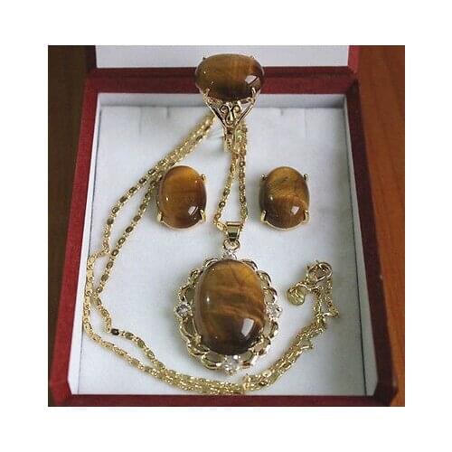 Beautiful! Fashion 13*18mm Tiger Eye Stone Ring Earrings Pendant Jewelry Set