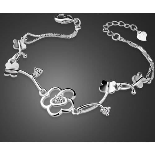 Fashion beautiful flower 925 sterling silver bracelet Women / Girl new style High quality bright zircon bracelets silver jewelry