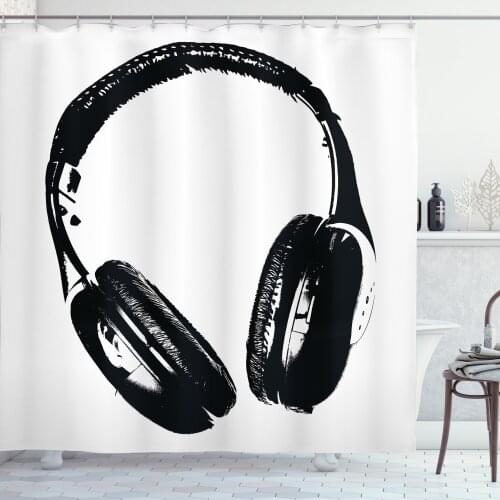 Music Shower Curtain Set Monochrome DJ Headphones Beat for Life Curtain for Bathroom Decor 12 Hooks Decorative Bath Accessory