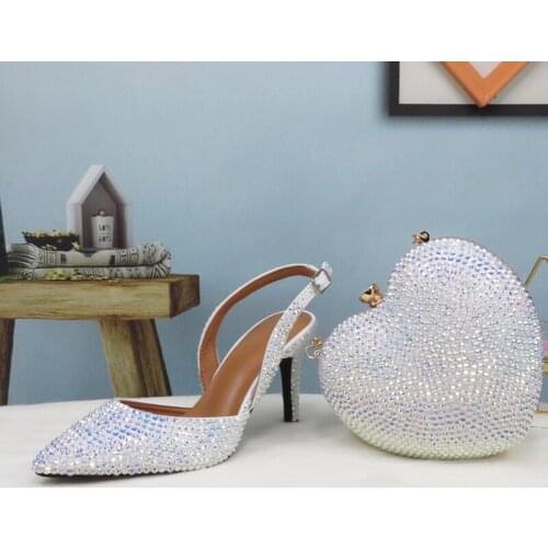 2021 New White Crystal Pointed Toe Bridal Wedding Shoes And Heart Bag Girl Party Dress Thin Heels Womens High Heel Sandals