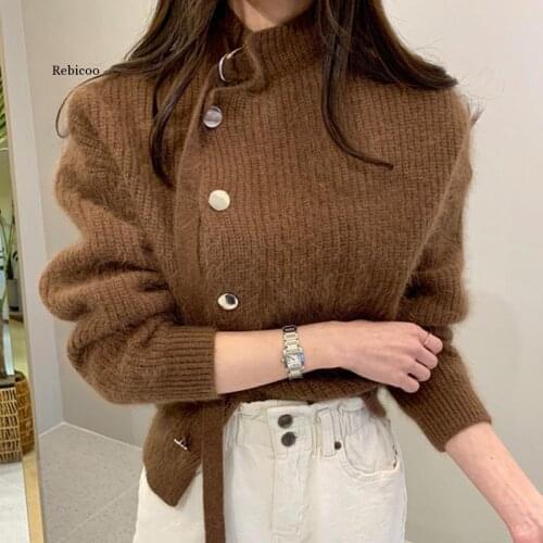 Autumn Winter Half Turtleneck Women Cardigans Korean Chic Elegant Office Lady Female Sweaters Vintage Button
