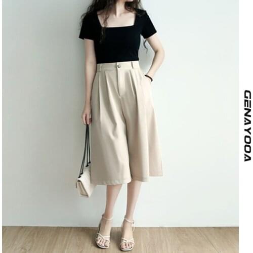 Genayooa Casual Office Lady 2021 Summer Short Feminino Elastic Waist High Waisted Korean Style Solid Suit Shorts Women