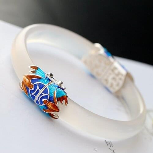 Retro Thai Silver Jewelry Wholesale Hand-Made Natural White Chalcedony Bangle S925 Sterling Silver Vintage Bangle Women