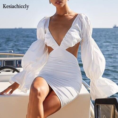 Kesiachiccly Sexy V Neck Party Dress Women Sweetheart Lantern Sleeve Ruffled Ruched Dresses Bodycon Pink Dress