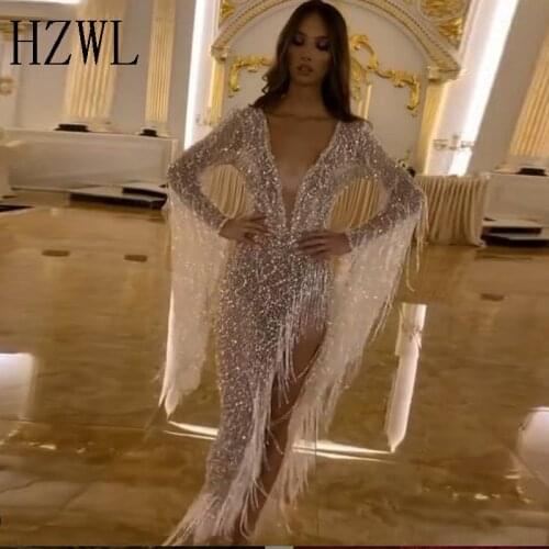 Sexy Shinny Deep V-Neck High Split Evening Dresses 2020 Tassel Prom Dress Long Sleeve Sparkling Sequins Tassel robe de soiree