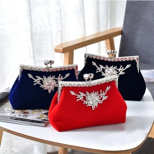 Blue Crystal Clutch Purse and Handbags Women Vintage Velour Wedding Clutches Bags