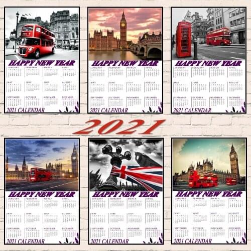 Modern London City Paris Street travel 2021 Calendar Posters and Landscape Bus Booth Big Ben Poster decor Painting for Room