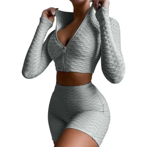 2pcs Tracksuits Set Crop Top Zipper V-neck Sports Tops High Waist Leggings Shorts Yoga Set Women Fitness Sport Workout Suits