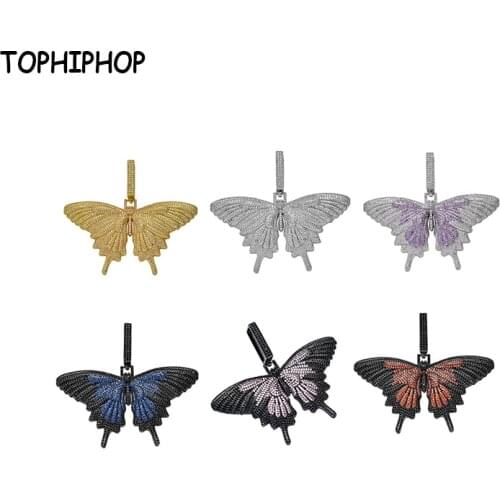 TOPHIPHOP Fashion Iced Out Multicolor Butterfly Pendant Necklaces Micro Pave AAA Cubic Zircon Charm Hip Hop Necklace for Gifts