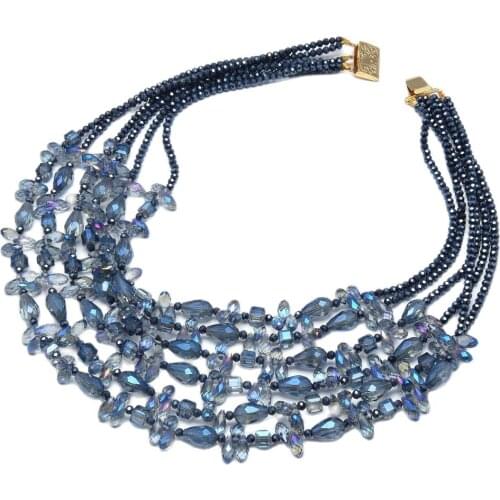 GuaiGuai Jewelry 6 Rows Natural Blue Crystal Necklace 19-25'' Handmade For Women