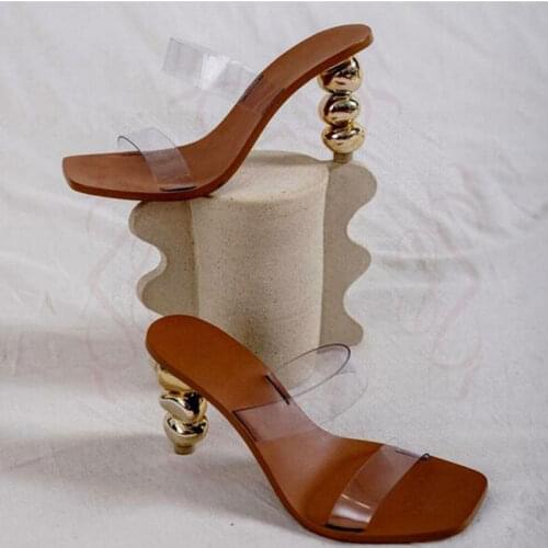 New Strange Heel Women Slippers Crystal PVC Transparent High Heel Gladiator Sandals Slip On Flip Flop Elegant Women Slides Sanda