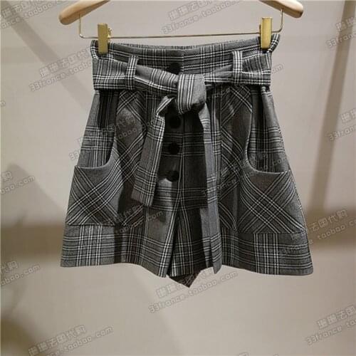 Patads French womens M autumn and winter brand single breasted Plaid lace up shorts iraime