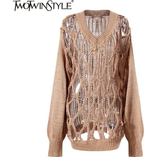 TWOTWINSTYLE Hollow Out Solid Sweater For Women V Neck Long Sleeve Black Casual Knitting Pullovers Female 2020 Fall Fashion New