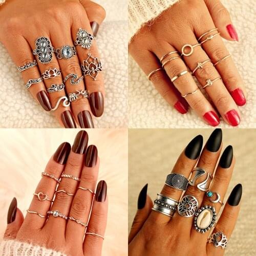 Vintage Ancient Silver Color Shell Metal Rings Set For Women Star Moon Trendy Knuckle Finger Ring Female Party Fashion Jewelry