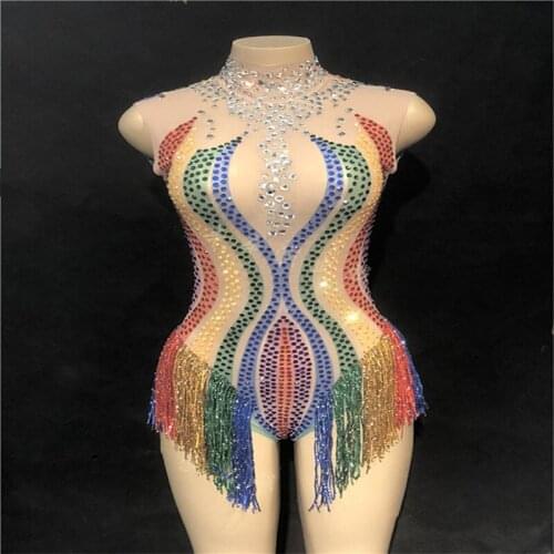 S51 Ballroom dance women sexy dress outfit singer stage show bodysuit dj wears clothe party pole dance colorful diamonds tassel