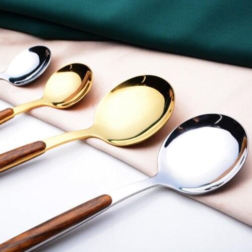 1pcs Stainless Steel Western Food Teaspoon Cutleries Steak Table Knives Fork Spoon Dessert Fork Cutlery Dinnerware Wooden Handle