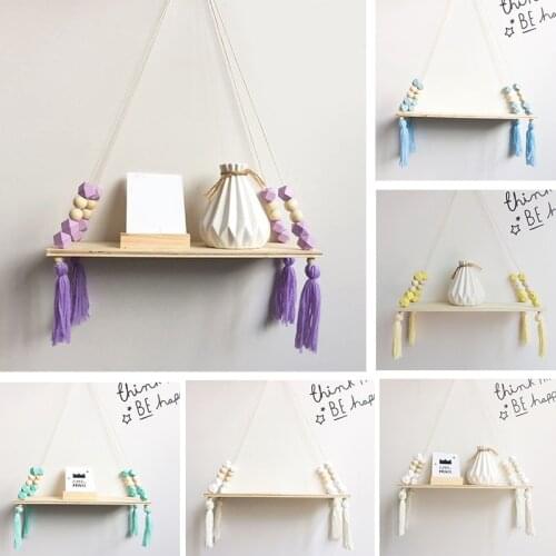 1Pc Creative Colorful Beads Wall Mounted Wooden Shelf Hanging Tassel Storage Rack Home Office Decorative Display Stand