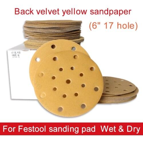 20pcs Flocking Yellow Sandpaper 6 Inch 17 Hole Self-adhesive for Sanding Abrasive Tools Electric Grinder Accessories
