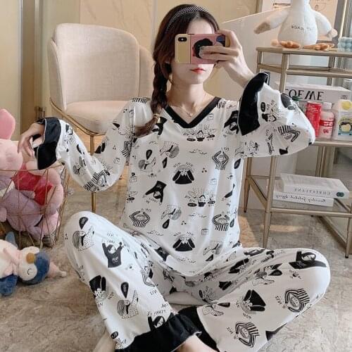 2021 Spring Autumn Long Sleeve Print Pajama Set For Women Korean V-neck Sleepwear Suit Pyjama Homewear Pijama Mujer Home Clothes