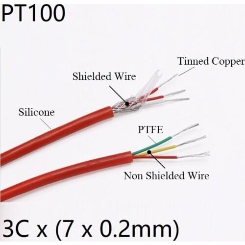 3 Cores PT100 Thermocouple Wire Silicone OD 4.5mm PTFE Insulated Tinned Copper Stainless Steel Shielded Compensation Cable Red