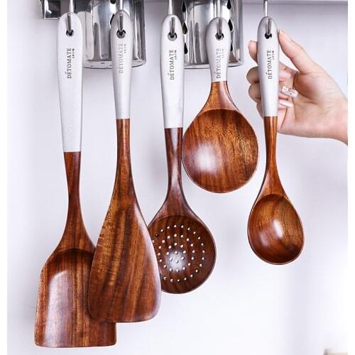 Wooden cooking pots set rice soup serving spoon solid Wood kitchen utensils accessories cookware set non stick Handle Shovel