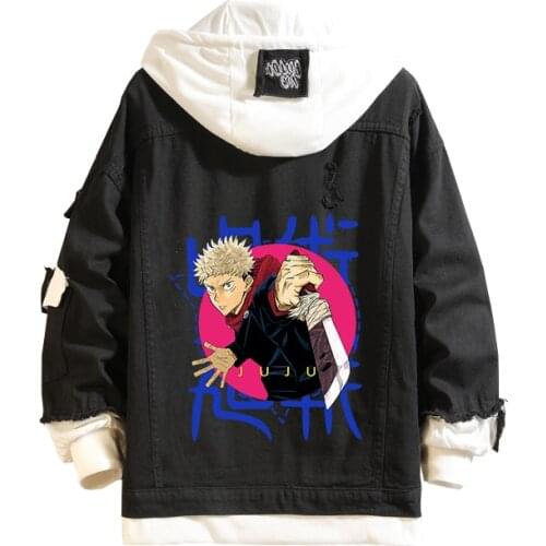 Anime Jujutsu Kaisen Cosplay Jeans Jacket Black Gojo Satoru Costume Denim Jacket Kawaii Men/women Autumn Hooded Outwear Coat