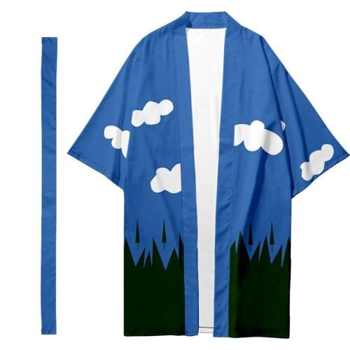 Sky Clouds Printed Long Style Kimono Beach Cardigan With Belt Japanese Couple Women Men Casual Asian Clothes Harajuku