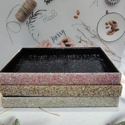 Rhinestone Cosmetic Containers PU Leather Storage Tray Make Up Organizer Box Desk Sundries Orgenizer Bling Table Decorative Bins