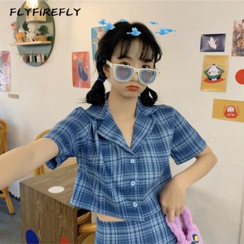 Crop top women button up top vintage blue plaid shirt short sleeve ladies tops korean clothes mesh top summer 2020 New