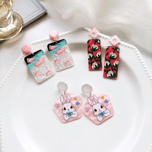 Cute Acrylic Rabbit Birds Flower Drop Earrings Korean Fashion Jewelry Summer Earrings Women Girlfriend Birthday Gift Harajuku