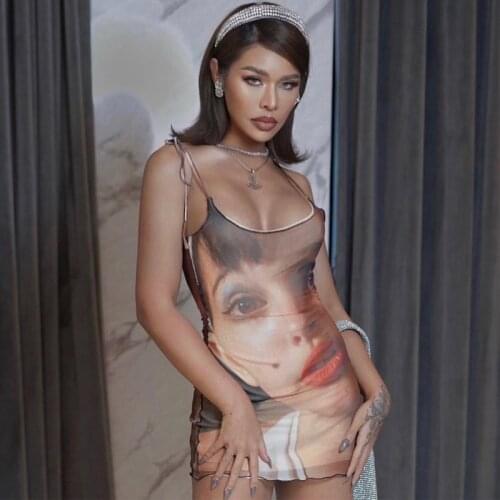 Graphic Print Mini Dress Streetwear Sexy Sleeveless Summer Womens Dress 2021 Y2K Brown Backless Bodycon Sling Dress