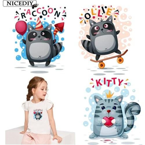 DIY Cartoon Cute Stickers On T-shirt Cat Raccoon Iron On Heat Transfer For Clothing Animal Vinyl Thermal Transfers Applique