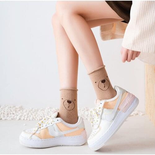 Cartoon Womens Breathable Cotton Socks Cute Bear Lovely Animal Pattern Girl Sock Combed of Pure Cotton Female Kawaii Socks Sox
