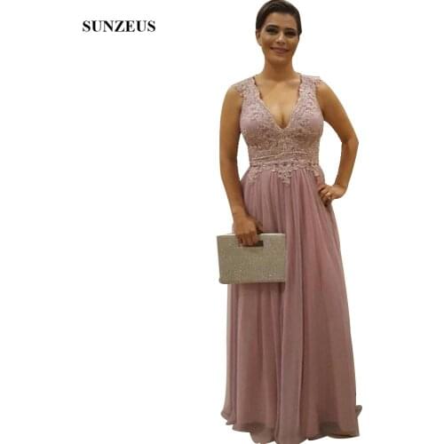 Elegant Ladies Long Mother Of The Bride Dresses A-line Deep V-neck Tank Appliques Wedding Party Gowns For Women CM096