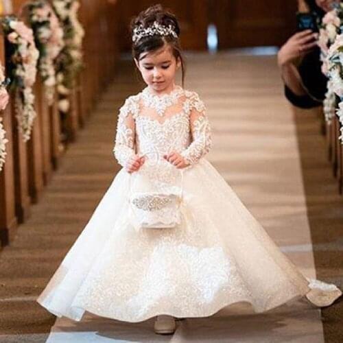 Flower Girls Dresses Long Sleeves Lace Appliques vestidos de noiva Formal Party Gowns For Girls Kids