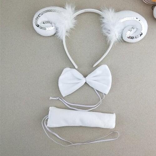 Women Girl White Goat Sheep Headwear Headband Tie Tail Set Cosplay halloween costume for kids Birthday Gift
