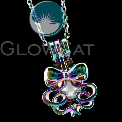 R-C268 Rainbow Colors Bowknot Ribbon Beads Cage Pendant Perfume Diffuser Aromatherapy Pearl Cage Locket Necklace